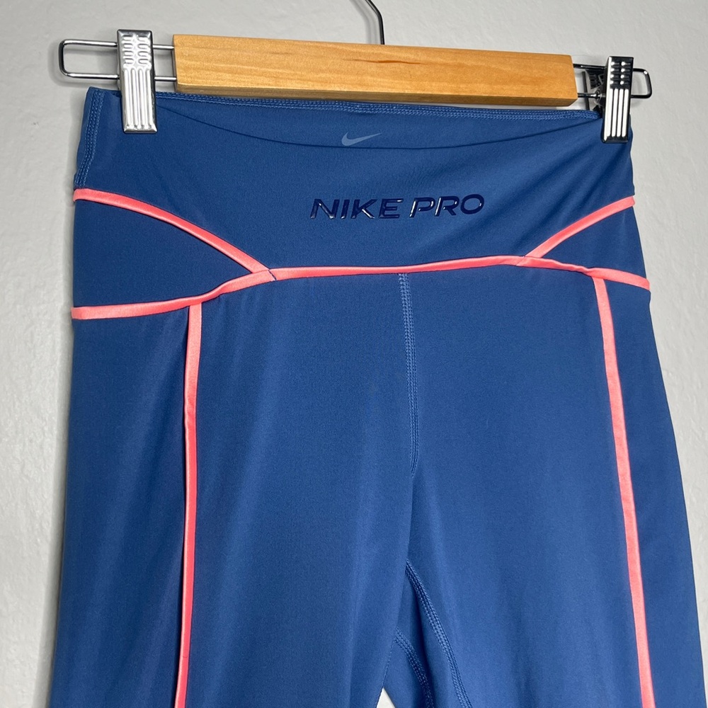 Nike pro dri fit leggings blue with pink stripe size small